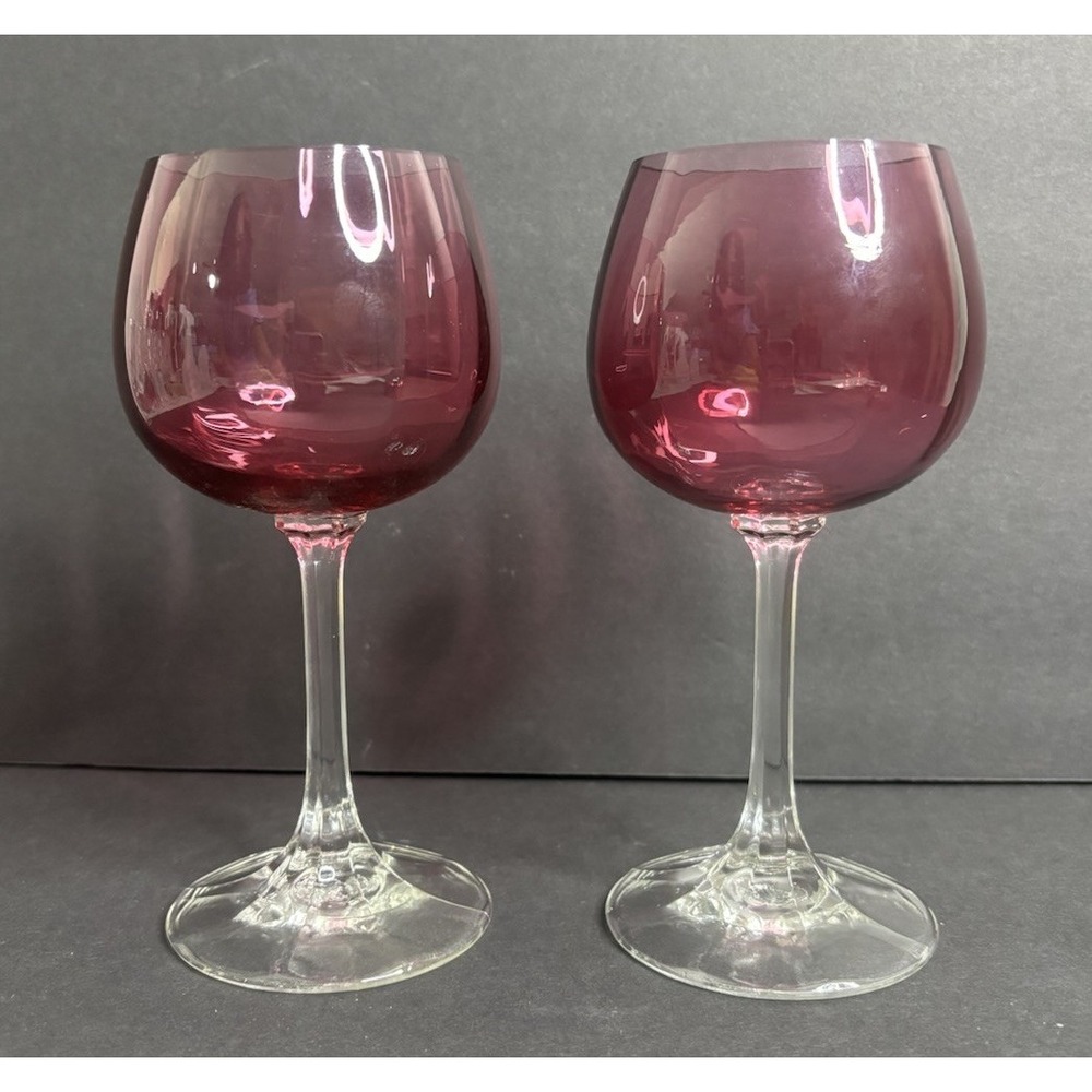 2 Pilgrim Cranberry Glass Wine Glasses 6 5/8" Striped Optic Vintage